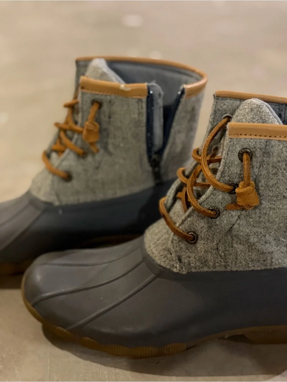 Sperry Gray Wool-Top Duck Boots with Tan Leather Accents